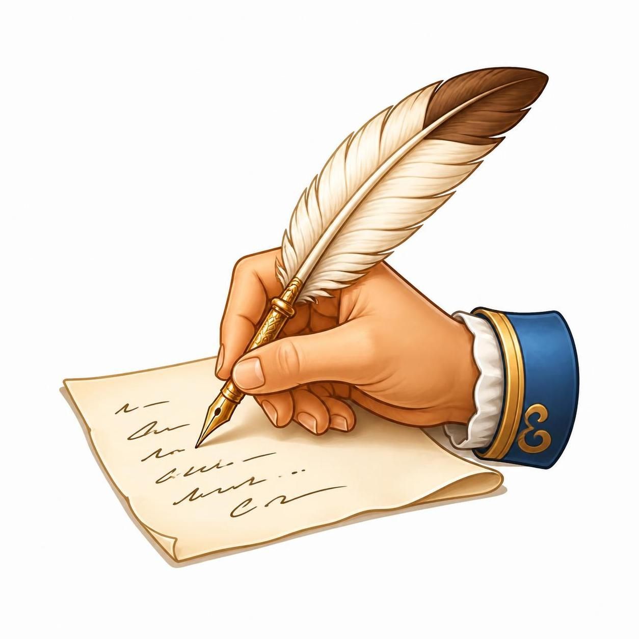 Hand using feather quill to write on paper